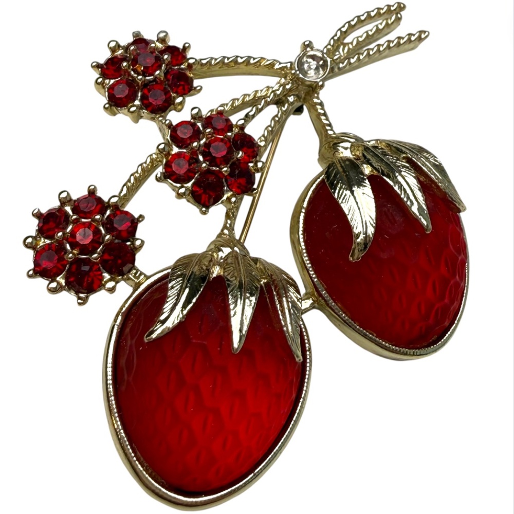 Vintage 60's Sarah Coventry Rhinestone Strawberry Festival Pin Brooch Red Glass